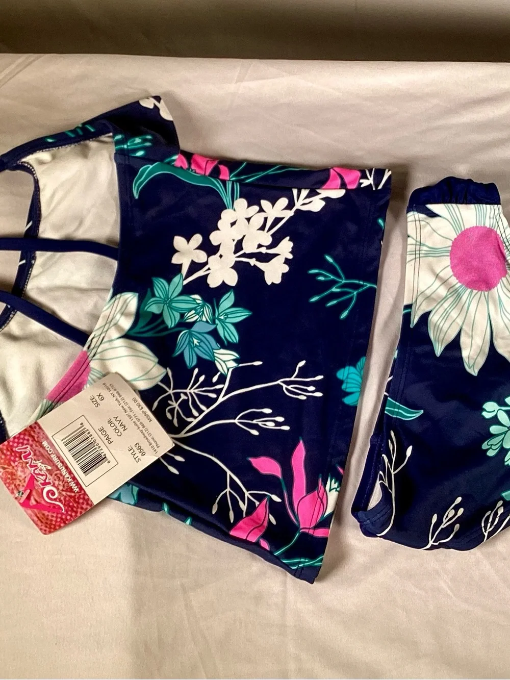 KANU SURF Girls Navy Floral Tankini with Teal & Pink Accents